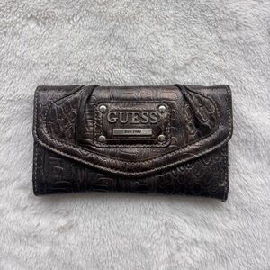 GUESS Vintage Bronze Brown Croc Embossed Trifold Wallet Y2K Grunge